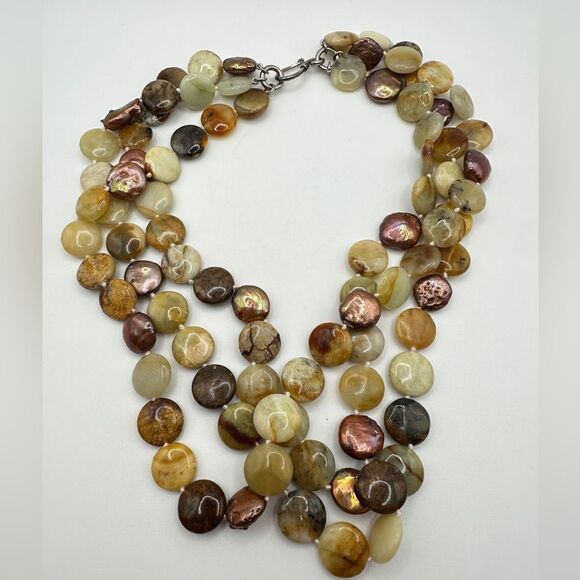 18", three strand jasper and pearl disk necklace with sterling silver clasp! - Picture 3 of 16